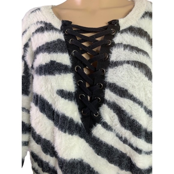 Express Zebra Animal Print Sweater Laced Front Fuzzy Soft Pullover Women's Large - Picture 3 of 10